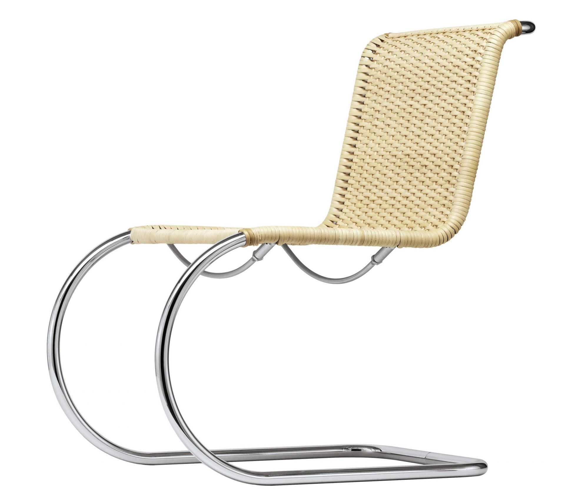S 533 R Thonet Freischwinger Stuhl mit Stahlrohrgestell und Wiener Geflecht, Seitenansicht. Klassisches Designmöbel.